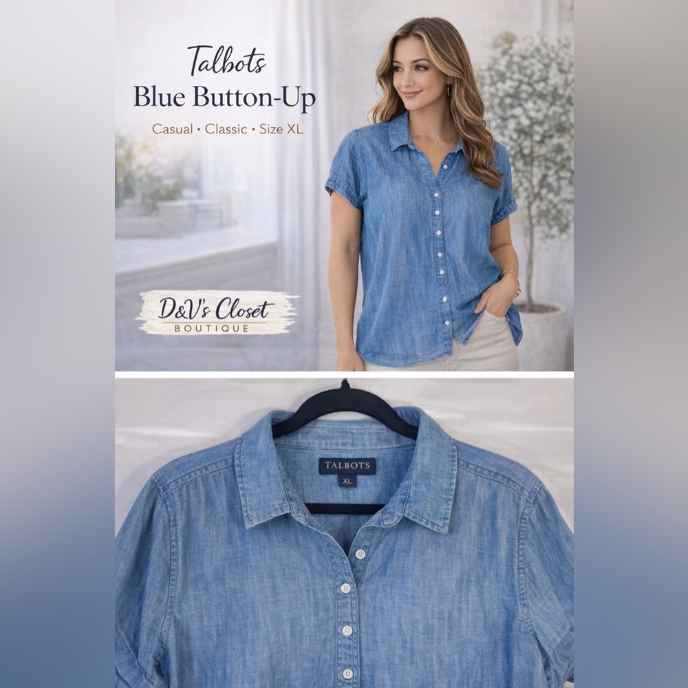 Talbots Blue Button Down Shirt XL Lightweight Short Sleeve Casual Blouse Women’s